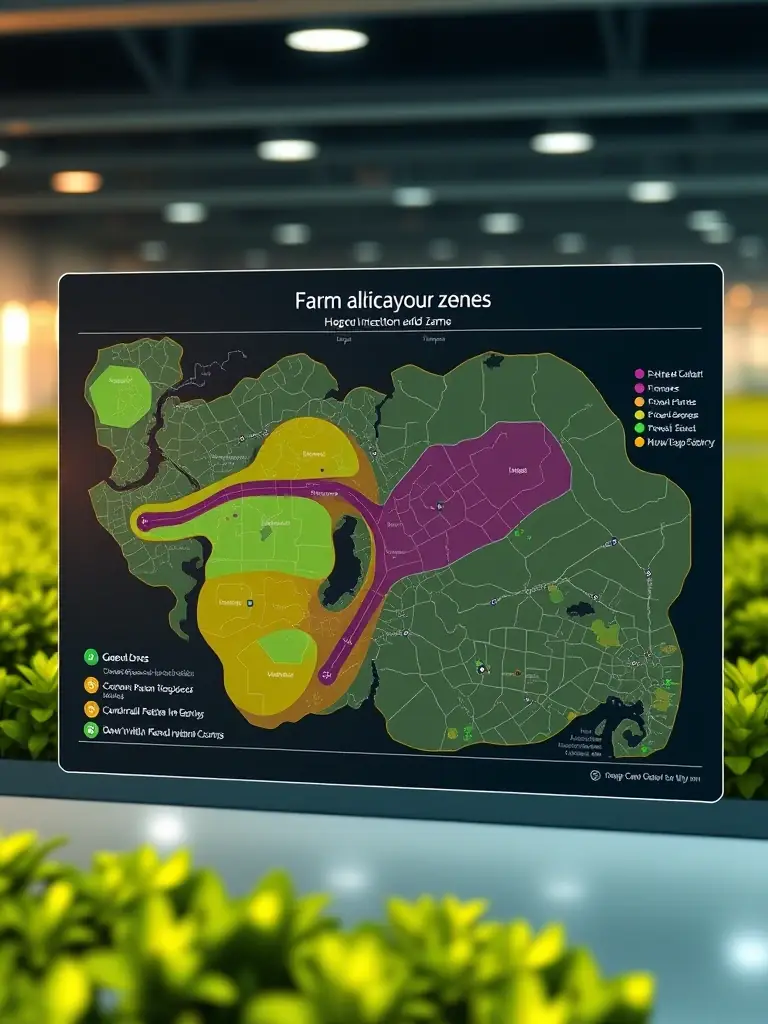 A digital interface displaying a detailed map of a farm, with color-coded zones indicating areas with varying irrigation needs, managed by an automated system.
