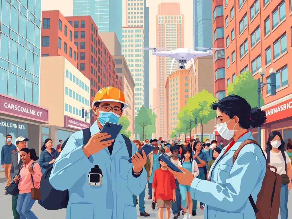 A digital illustration depicting the successful implementation of an epidemic response program in an urban environment, showcasing technology and coordinated action.