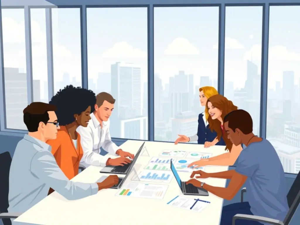 A diverse team of Vetery AE professionals collaborating on a public health management strategy in a modern office setting, emphasizing teamwork and innovation.