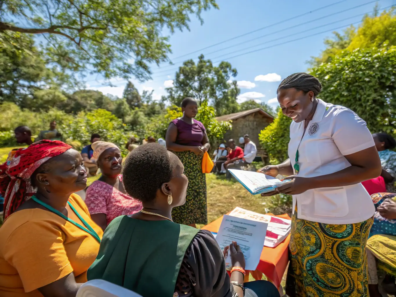 A photograph capturing a community health initiative in action, with healthcare professionals engaging with community members and providing health education.