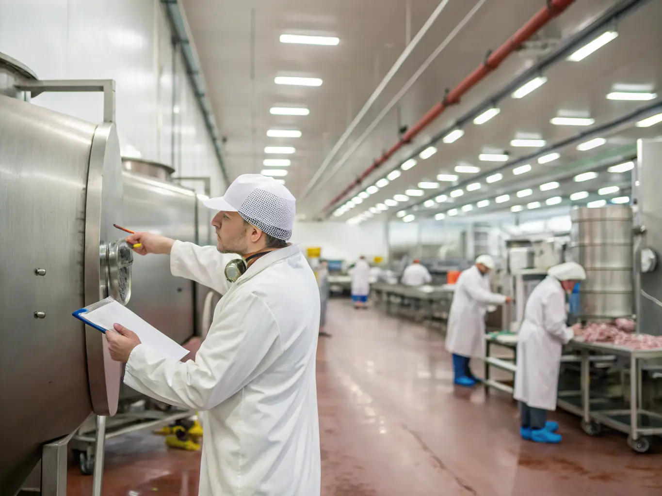 A consultant working with a client in a food production facility, reviewing safety protocols and procedures.