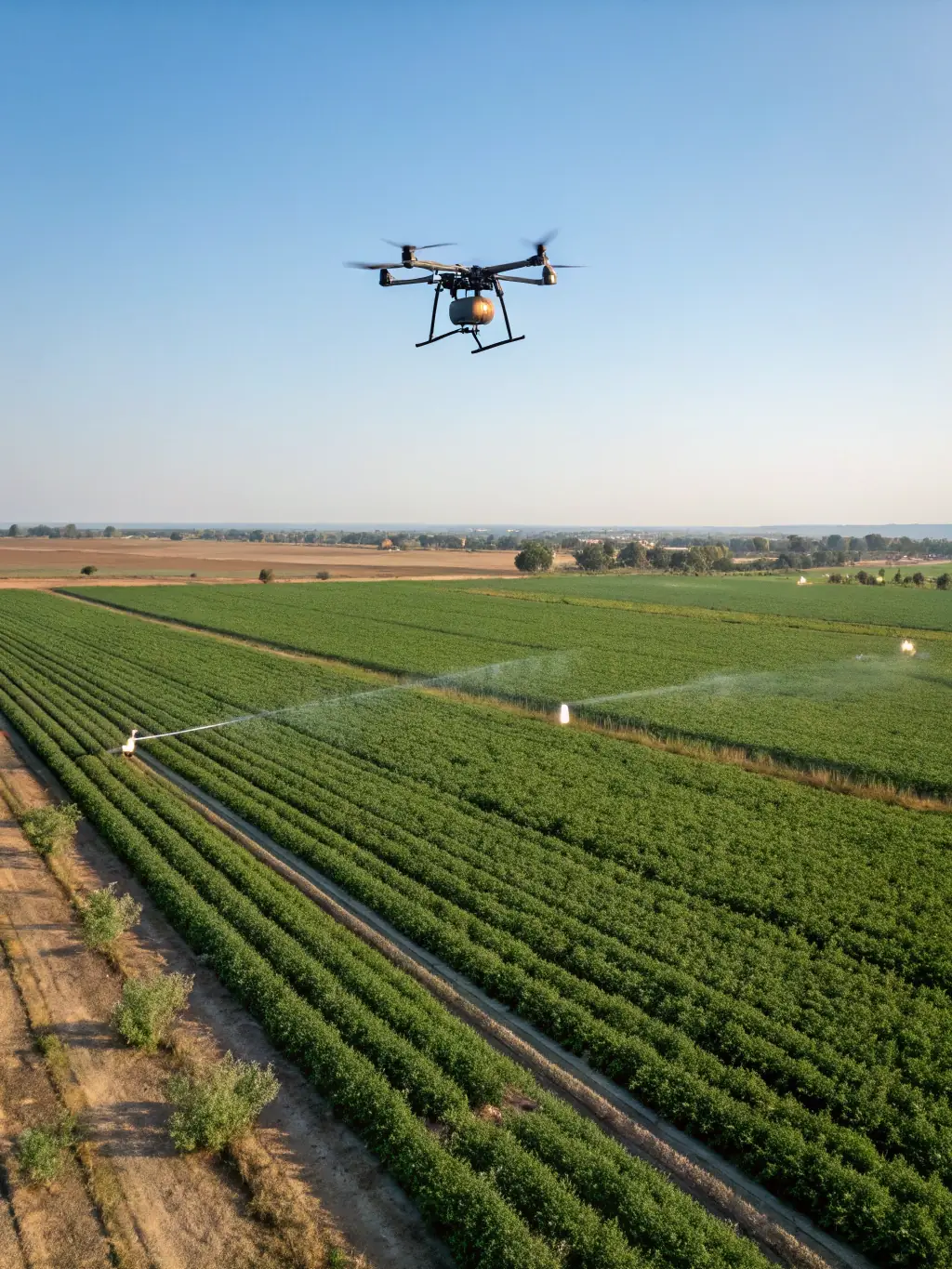 A high-angle, vibrant photograph of a drone surveying a large agricultural field, capturing data with various sensors attached. The field should be lush and green, showcasing healthy crops.