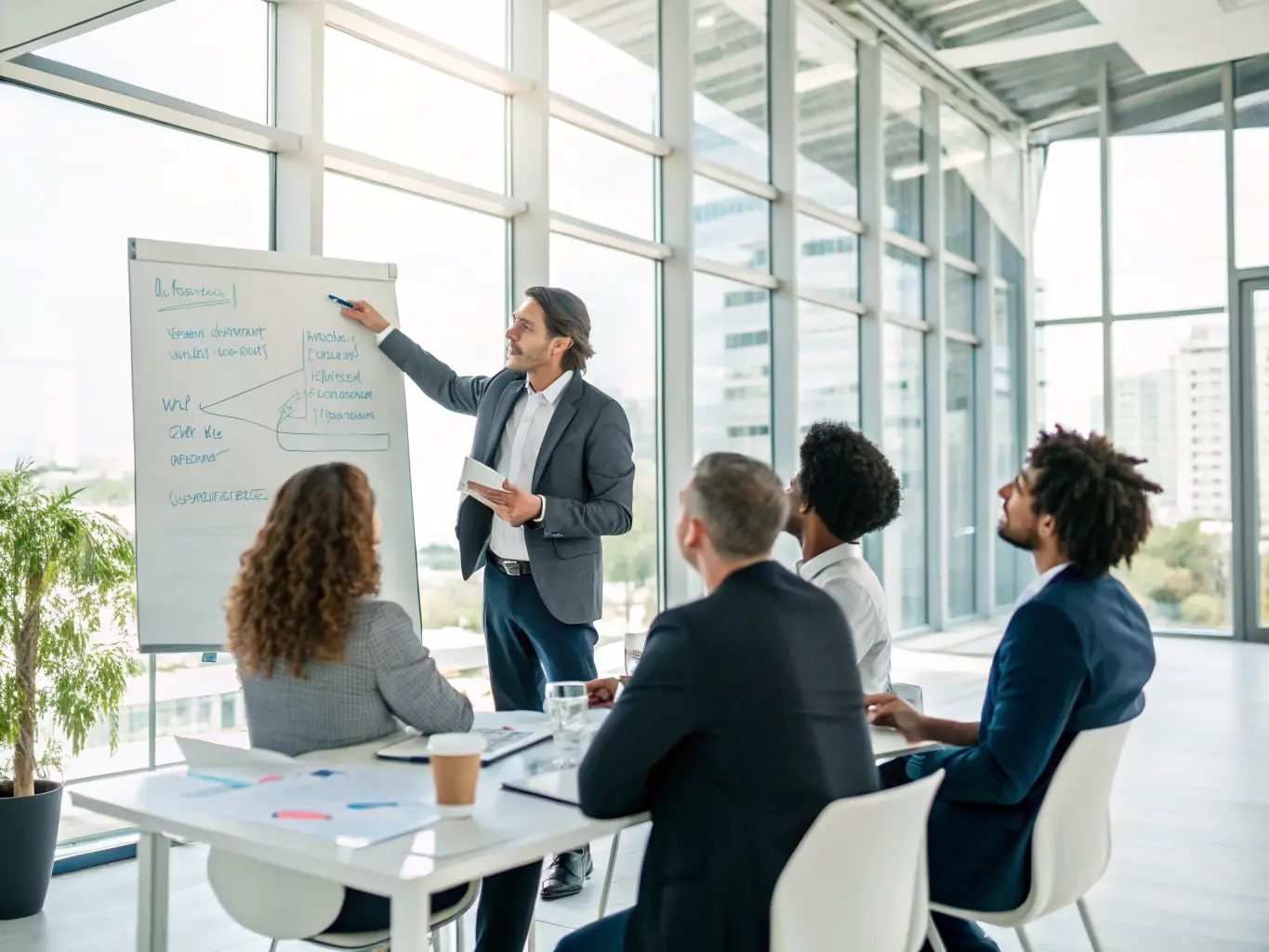 A consultant training a team on ISO 9001 standards in a modern office setting.