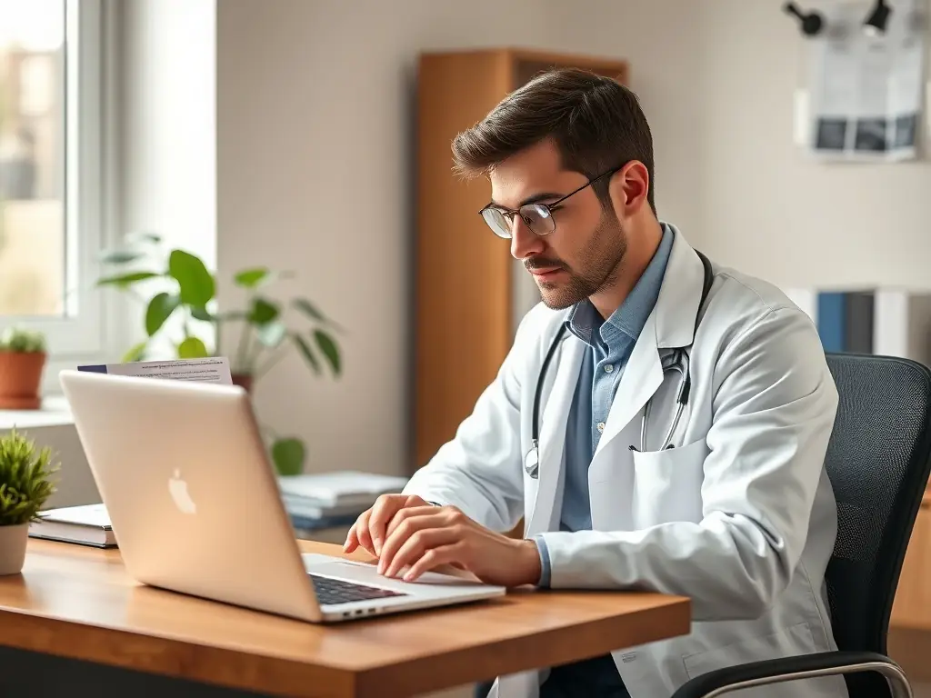 A doctor wearing a stethoscope and using a laptop in a modern office, analyzing patient data and consulting with colleagues on a public health initiative.