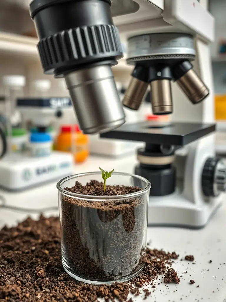 A close-up shot of a soil sample being analyzed in a modern laboratory setting, with sophisticated equipment visible in the background.