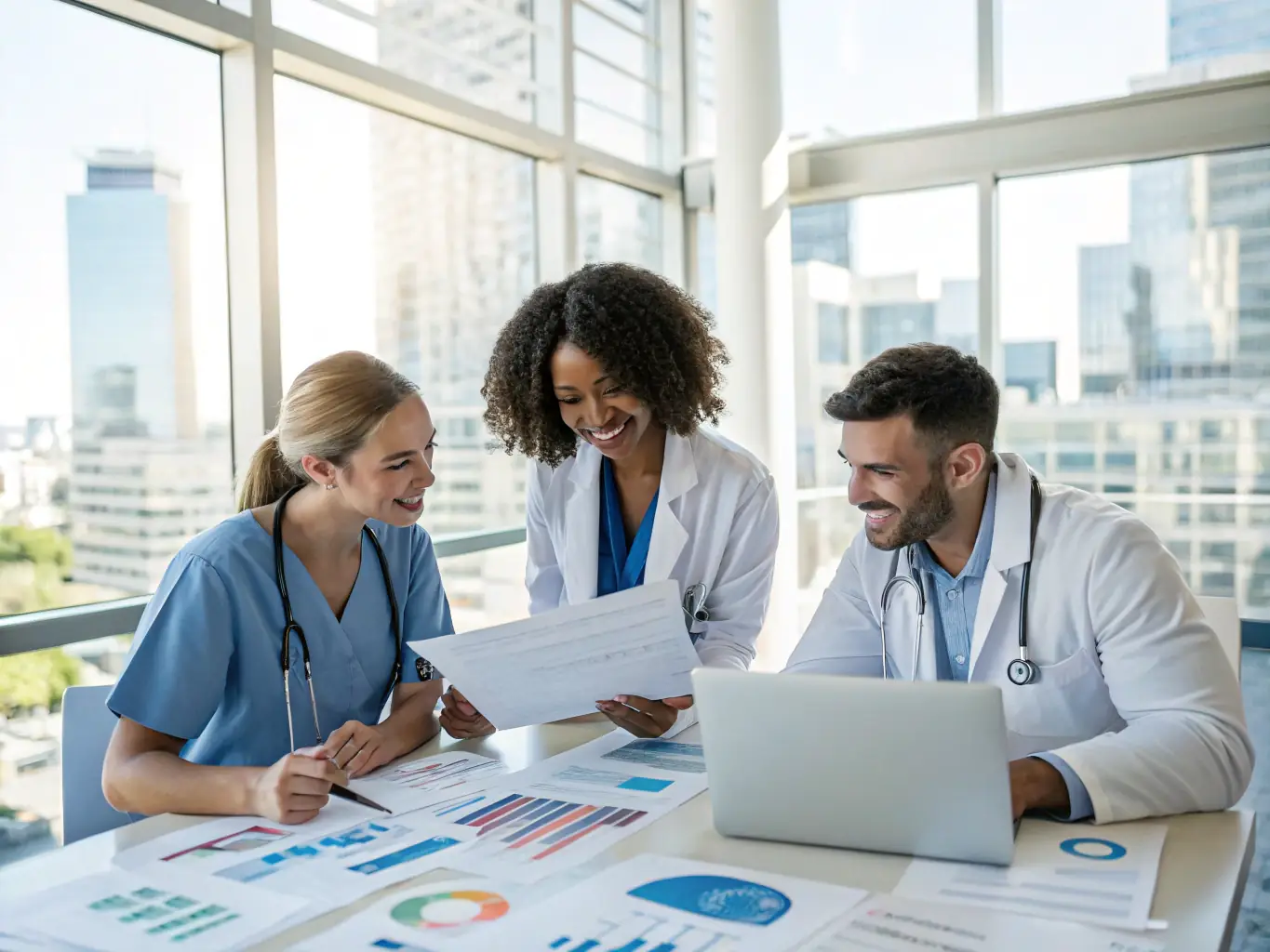 A diverse team of public health professionals collaborating on a project in a modern office setting, reviewing data and discussing strategies to improve public health outcomes.