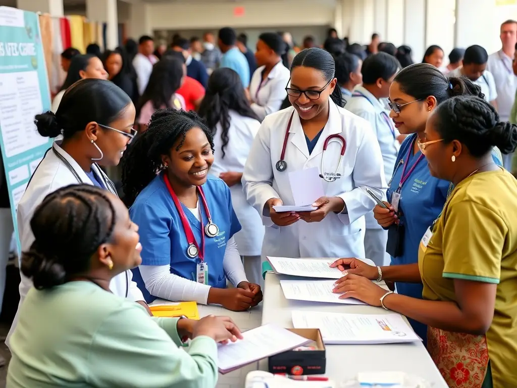 A group of healthcare workers in a community setting, conducting health screenings and providing education to local residents.