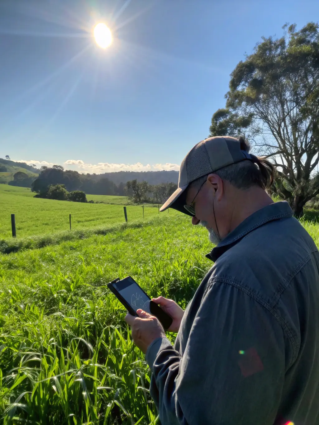 A farmer using a tablet to monitor livestock health and location, with a background showing a well-maintained and technologically advanced animal farm.